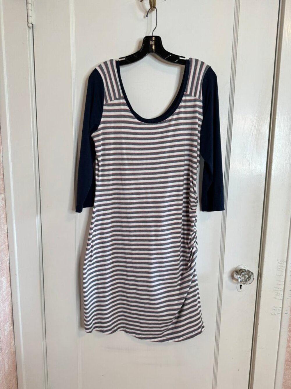 Columbia PFG Ruched Side 3/4 Sleeve Blue White Striped Omni-Wick Dress sz L